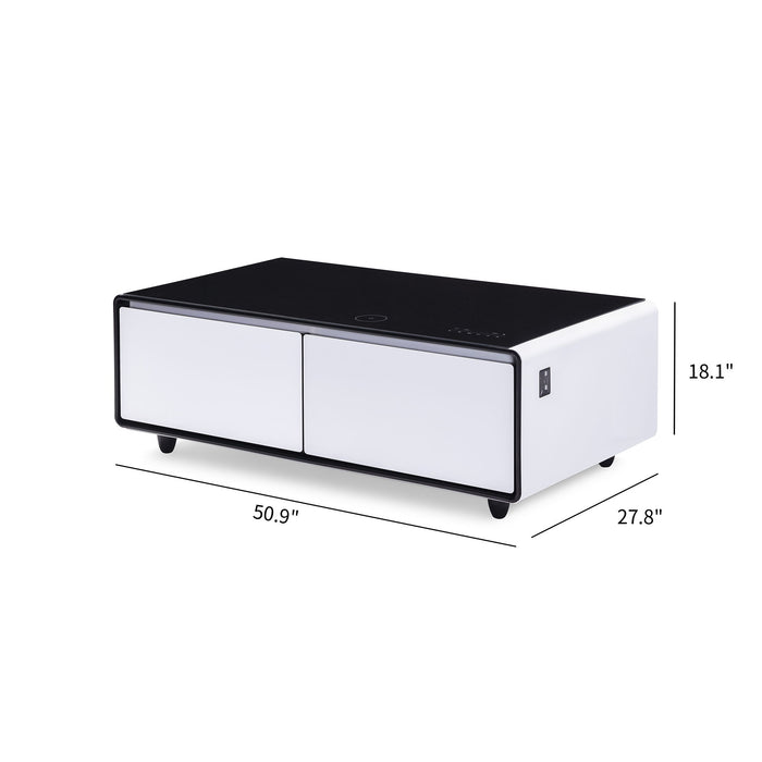 Modern Smart Coffee Table With Built-In Fridge, tooth Speaker, Wireless Charging Module, Touch Control Panel, Power Socket, USB Interface, Outlet Protection, Atmosphere Light