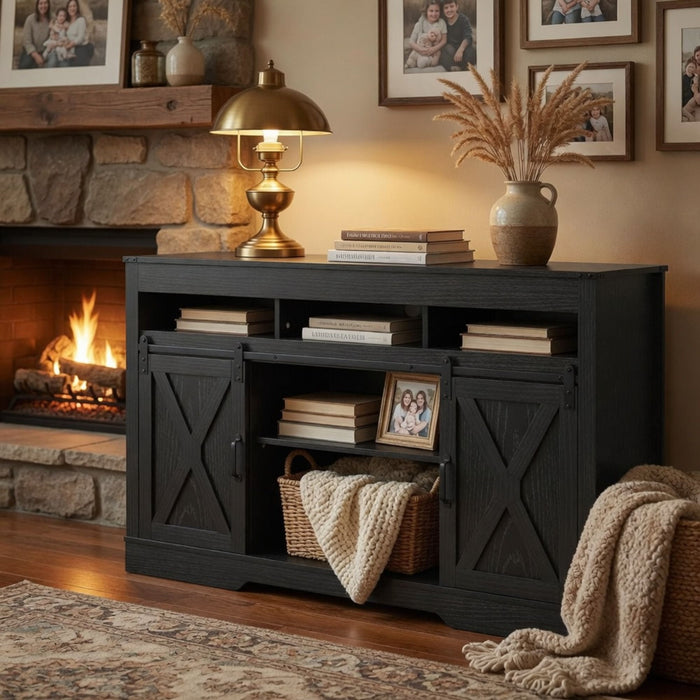 Farmhouse TV Stand With Sliding Barn Doors & Adjustable Storage