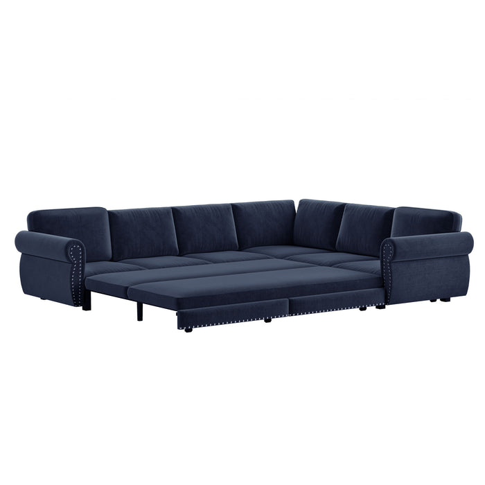 L-Shaped Sofa Couch With Pull Out Bed With Nailhead Trim & Rolled Arm
