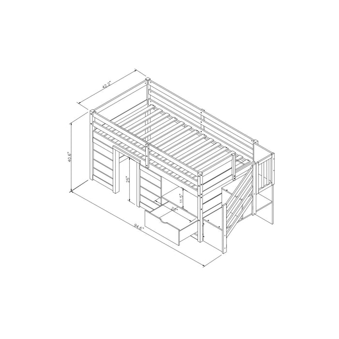 Low Loft Bed With Stair, Drawer, And Shelf