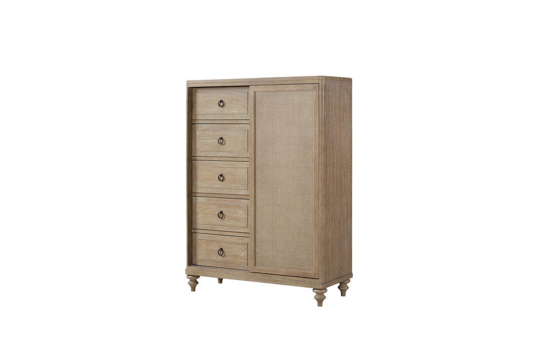 Queen Canopy Bedroom Set With A 2 Drawer Nightstand A Modern Dresser With Poster Mirror And A Door Chest - Sand