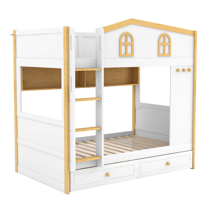 Twin Over Twin Bunk Bed With House Shaped Guardrails, Storage Shelves & Drawers - White / Natural