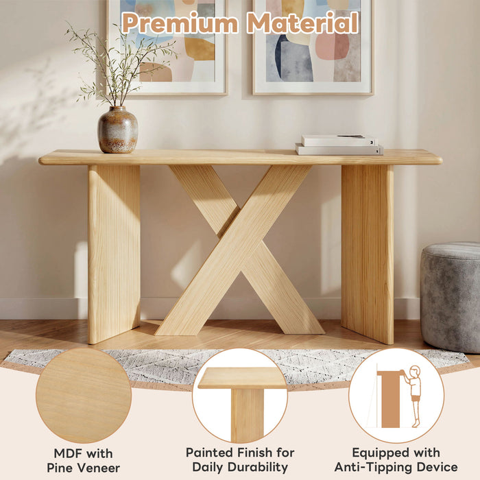 X-Frame Console Table, Angled Cross Leg Design, Rounded Edges - Natural