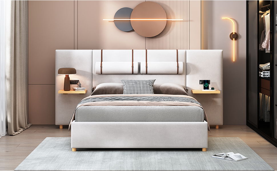 Upholstered Platform Bed, 2 Outlets And USB Charging Ports On Both Sides, 2 Bedside Pillows, Storage Shelves