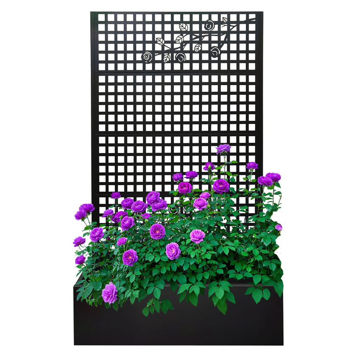 Planter Box With Trellis, Outdoor Raised Garden Bed With Privacy Screen Lattice Panels For Patio - Black