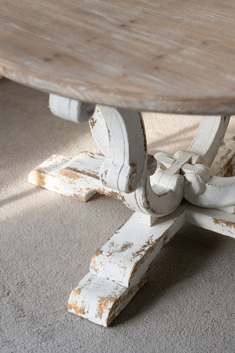 Round Wooden Coffee Table With Distressed Scrollwork Legs - Multicolor
