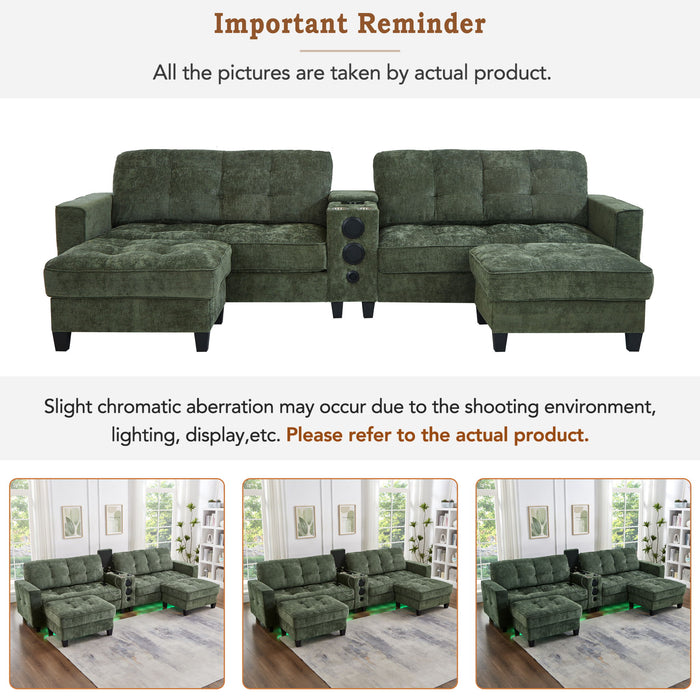 Modern Sectional Sofa U-Shaped With Movable Ottomans, Bluetooth Speakers, LED Lights And Modular Storage