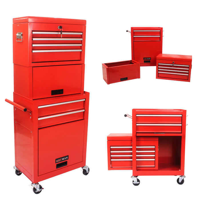 6 Drawer Lockable Tool Cabinet On Wheels, Steel Rolling Tool Chest With Detachable Toolbox