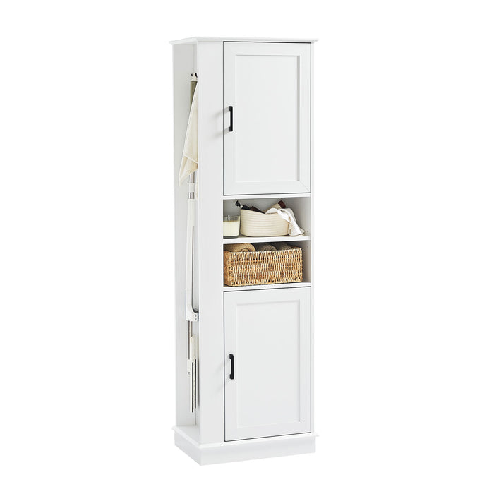 Tall Freestanding Bathroom Storage Cabinet With Adjustable Shelves And Side Hooks Board, Rectangle Design