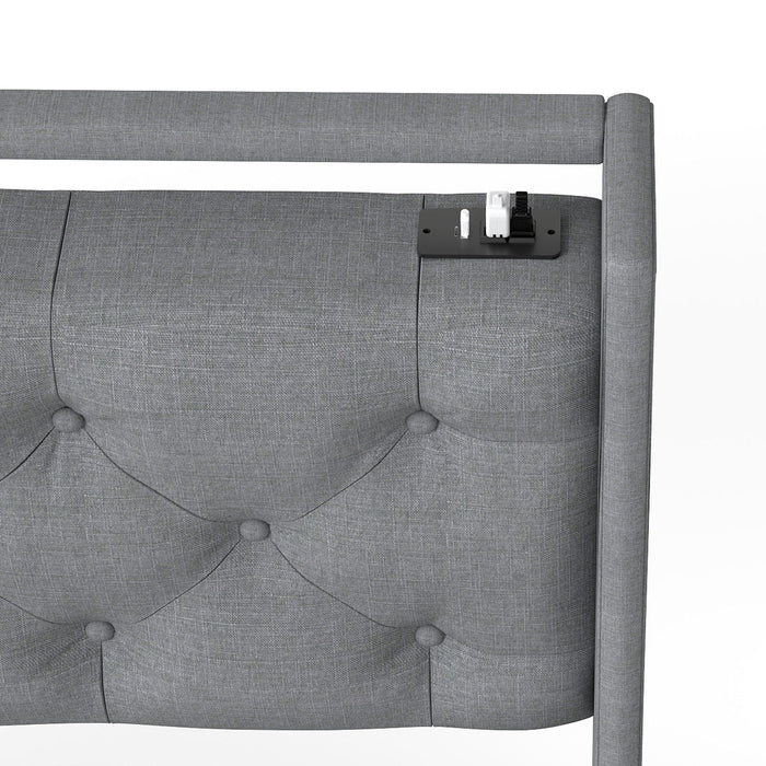 Queen Platform Bed Frame With RGB LED & Charging Station, Storage Headboard - Gray