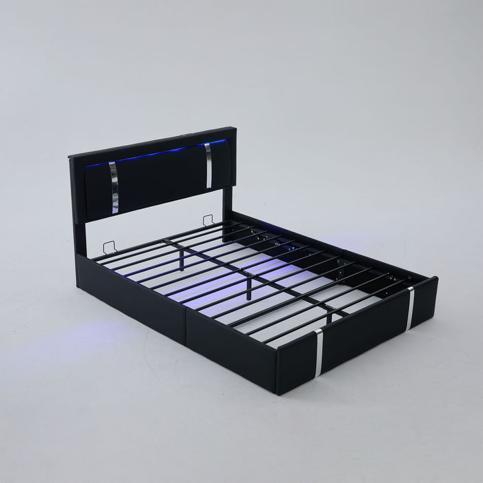 Upholstered Platform Bed Frame With Adjustable LED Headboard, USB C-Charging, Hydraulic Lift