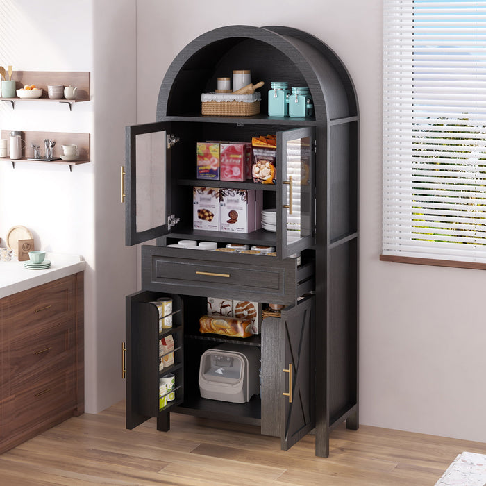 Arched Kitchen Pantry Cabinet With Adjustable Shelves And Barn Door Design