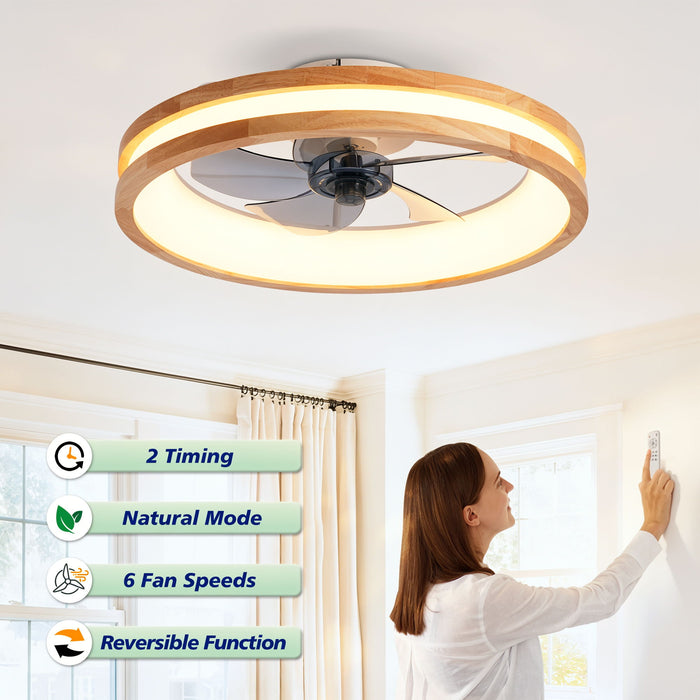 Ceiling Fans With LED Light Source And Remote Control, 3000 - 6500K Dimmable, 6 Speeds, Quiet DC Motor For Living Room - Natural Wood / White