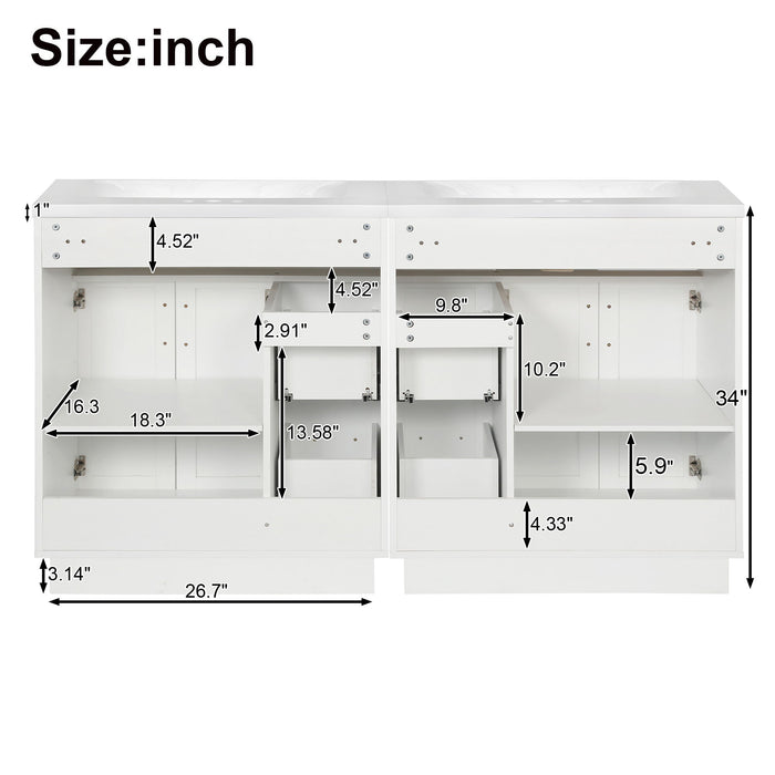 Bathroom Vanity With Dual Sinks, 4 Cabinet Doors, 4 Drawers, Adjustable Shelves - White
