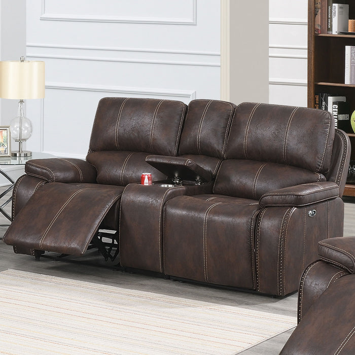 Power Reclining Loveseat With USB Port Leather Upholstered, Built In Cup Holder - Chocolate
