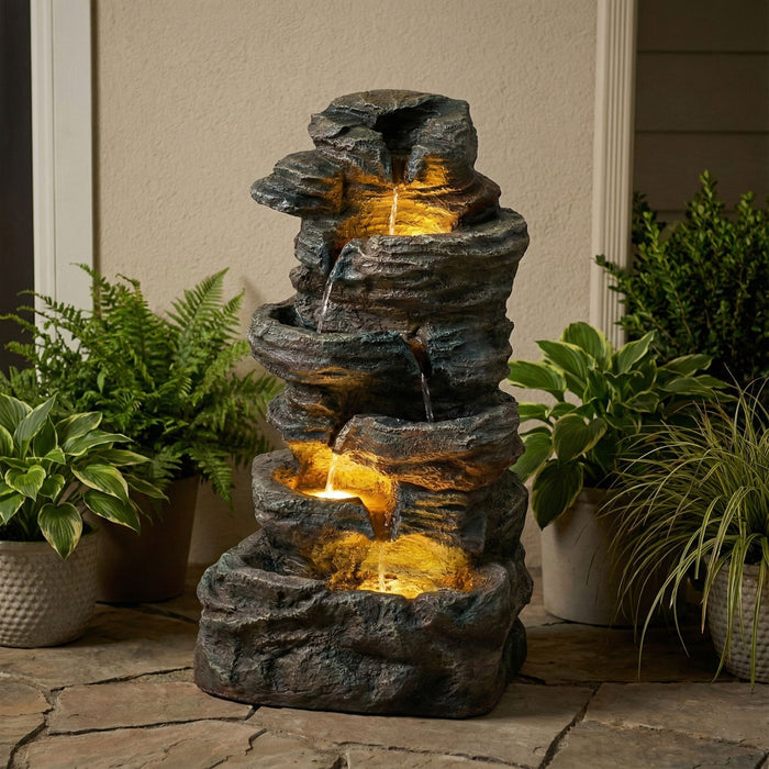 6 Tier Cascading Stone Water Fountain With LED Lights - Gray