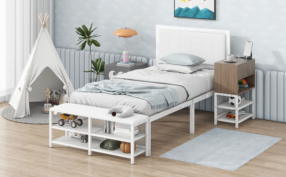 Platform Bed With 2 Tier Storage Shelves, Storage Cabinet