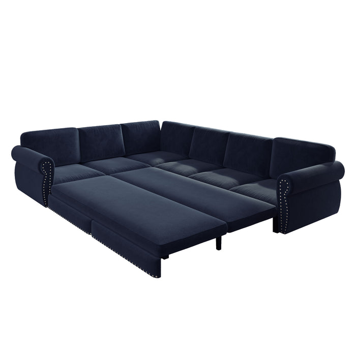 L-Shaped Sofa Couch With Pull Out Bed With Nailhead Trim & Rolled Arm