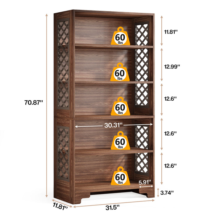 6 Tier Brown Mid Century Bookcase With X Design For Living Room - Brown