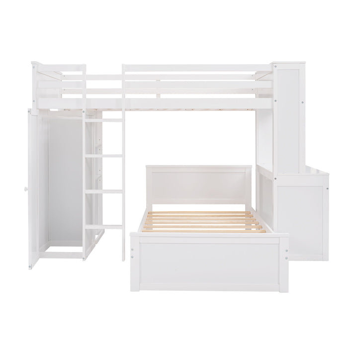 Loft Bed With A Stand Alone Bed, Shelves, Desk, And Wardrobe