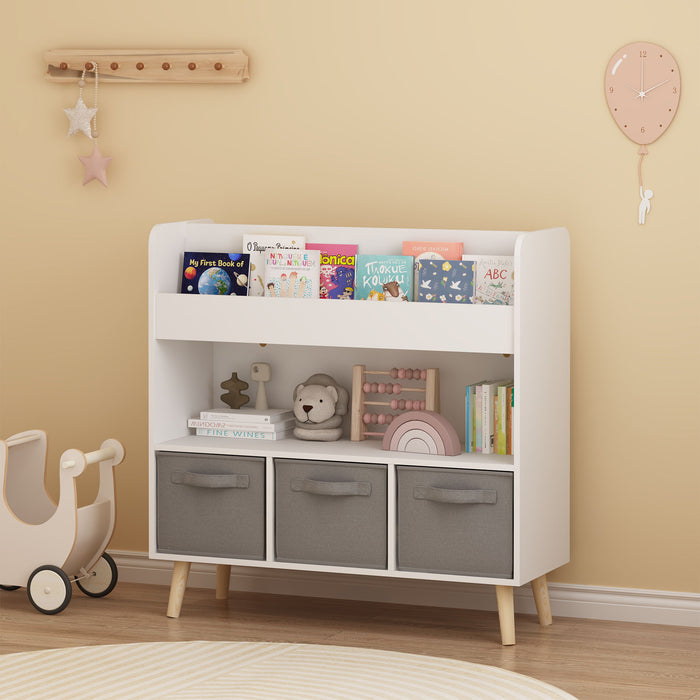 Bookshelf With 3 Bins, Storage Shelf For Toys And Books - White