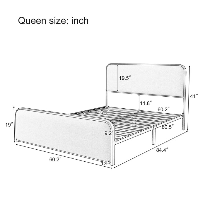 Queen Size Bed Frame With Curved Upholstered Headboard And Footboard - Beige / Gold