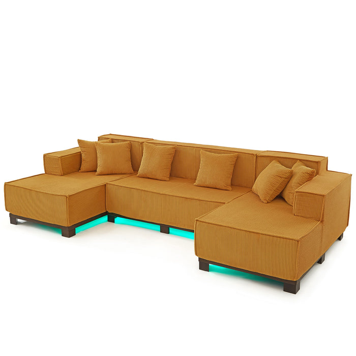 U-Shaped Sectional Sofa With RGB LED Light Strip And 6 Pillows