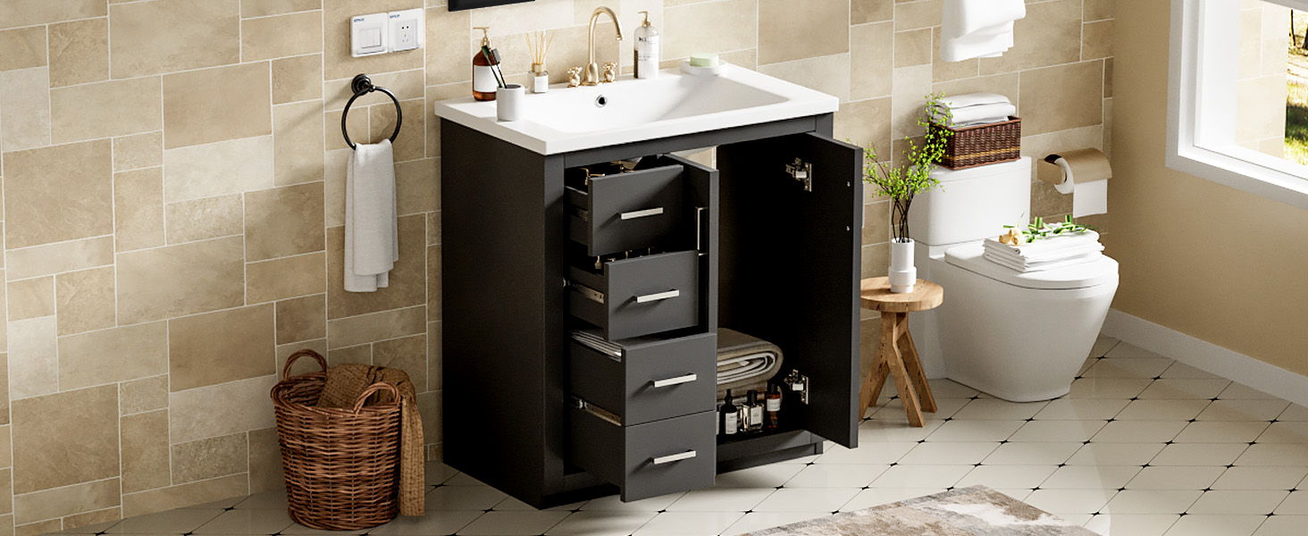 Ceramic Sink Combo, Freestanding Vanity Set With 3 Drawers & Soft Closing Doors