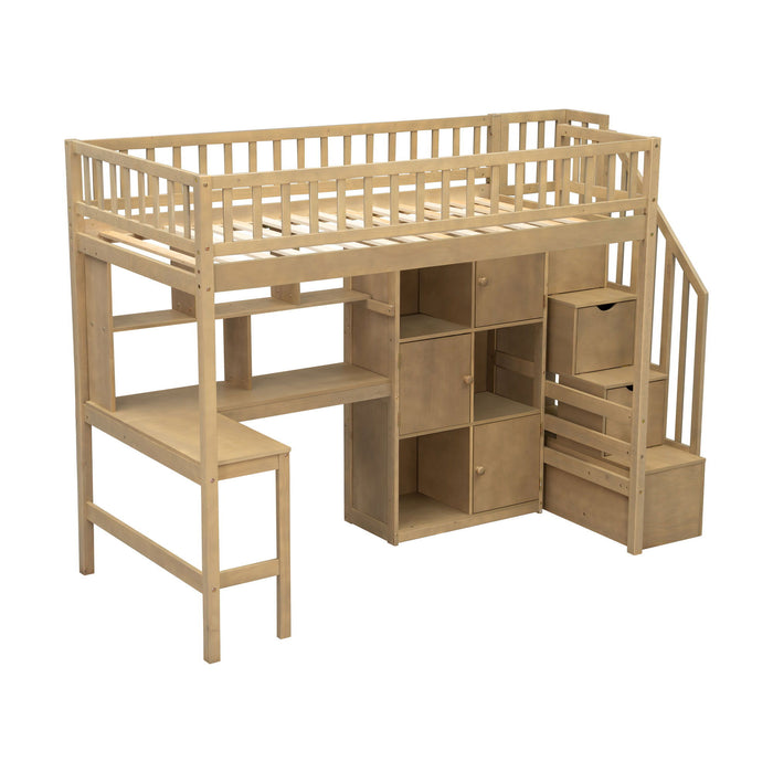 Loft Bed With Built In L Shaped Desk, LED Lights, Storage Shelves, Cabinets, And Staircase