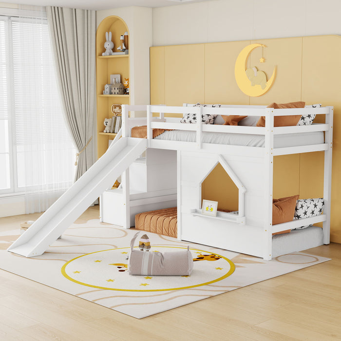Loft Bed With Storage Stairs, Slide, Playhouse Window And 7 Colors LED Lights