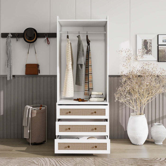 Wardrobe With 3 Drawers High Wardrobe Armoire With Rattan For Living Room Organizer - White