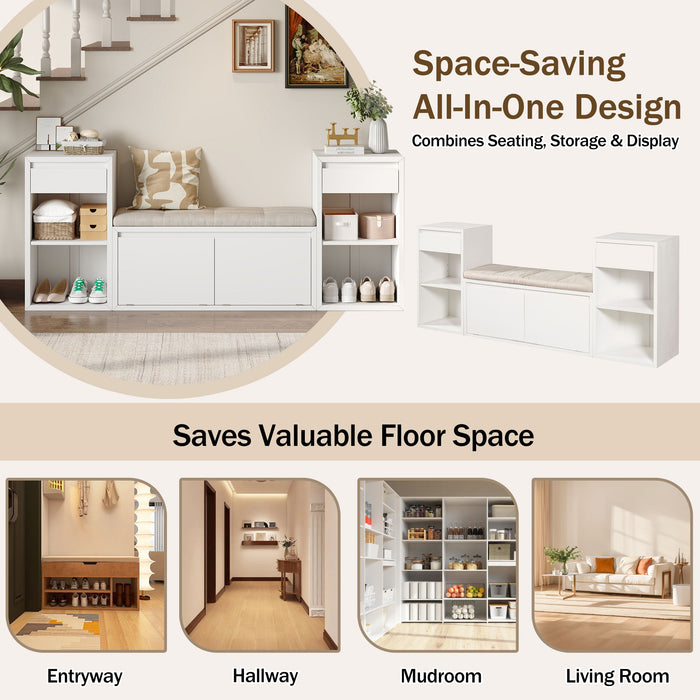 Entryway Storage Bench With Cushion, Drawers & Open Shelves