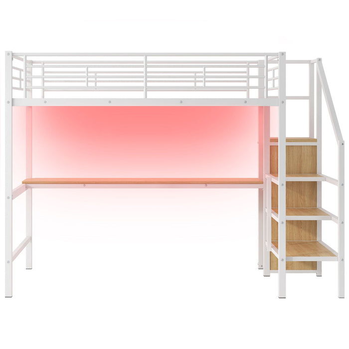 Loft Bed With Desk, Storage Staircase, Small Wardrobe And LED Light