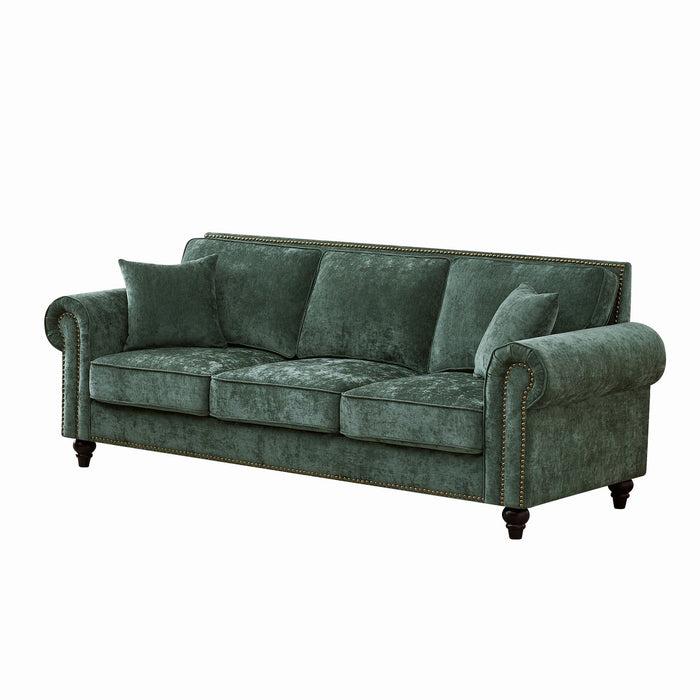 3 Seater Sofa With Tufted Upholstery, Rolled Arms, Nailhead Trim