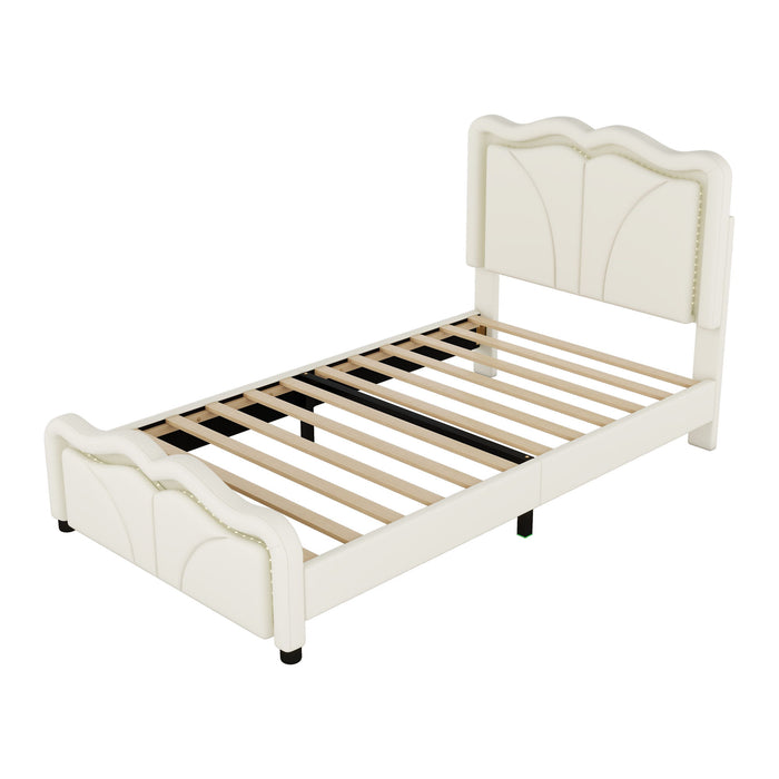 Upholstered Platform Bed & Curve Shaped And Height Adjustable Headboard, LED Light Strips