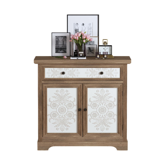 Accent Cabinet With Carved Floral Panels, Sideboard With Drawer And Double Doors - Antique Brown / White