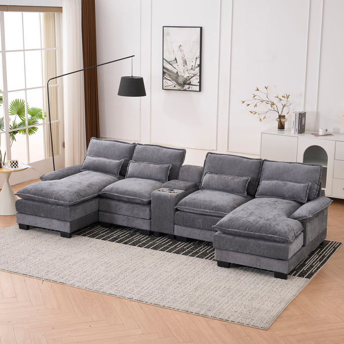 U Shaped Sofa With Console, Cupholders, USB Ports, 6 Seat, Bronzing Suede & Chenille