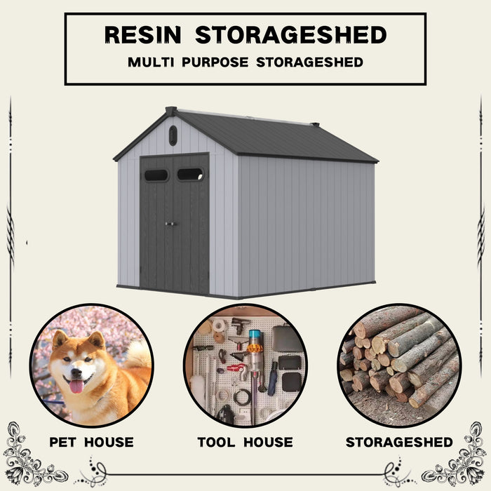 Resin Plastic Storage Shed For Backyard Garden With Spire Tool Storage