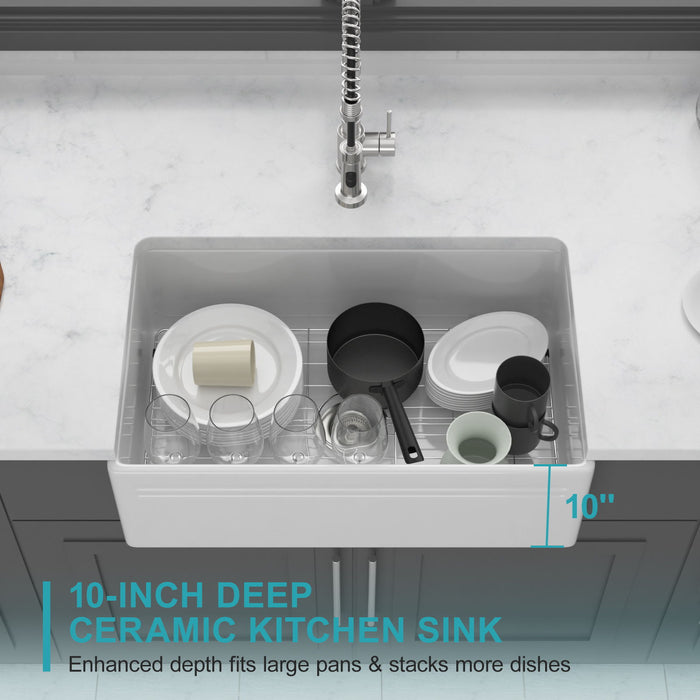 Apron-Front Reversible Single Bowl Kitchen Sink With Accessories - White