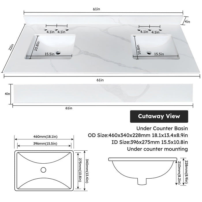 Bathroom Vanity Top With Undermount Sink, 3 Pre Drilled Holes