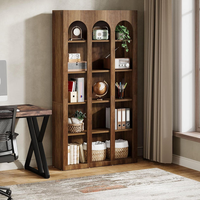 5 Tier Farmhouse Arched Bookcase For Living Room - Rustic Brown