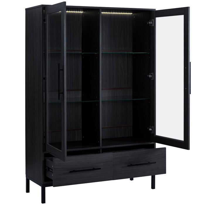 Modern Style Tall Display Cabinet With LED Lighting, Tempered Glass Door, 2 Drawers