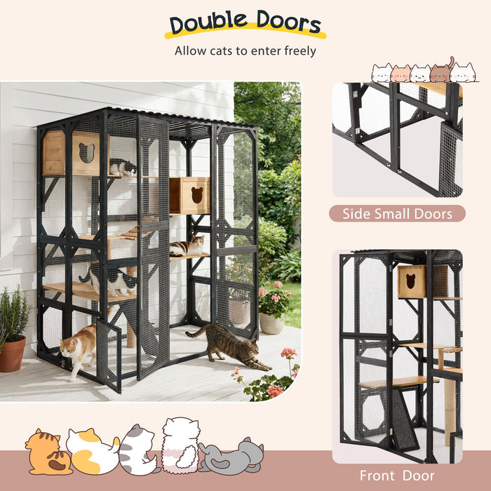 Outdoor Cat Enclosure With Sleeping Houses, Jumping Platforms, Scratching Post