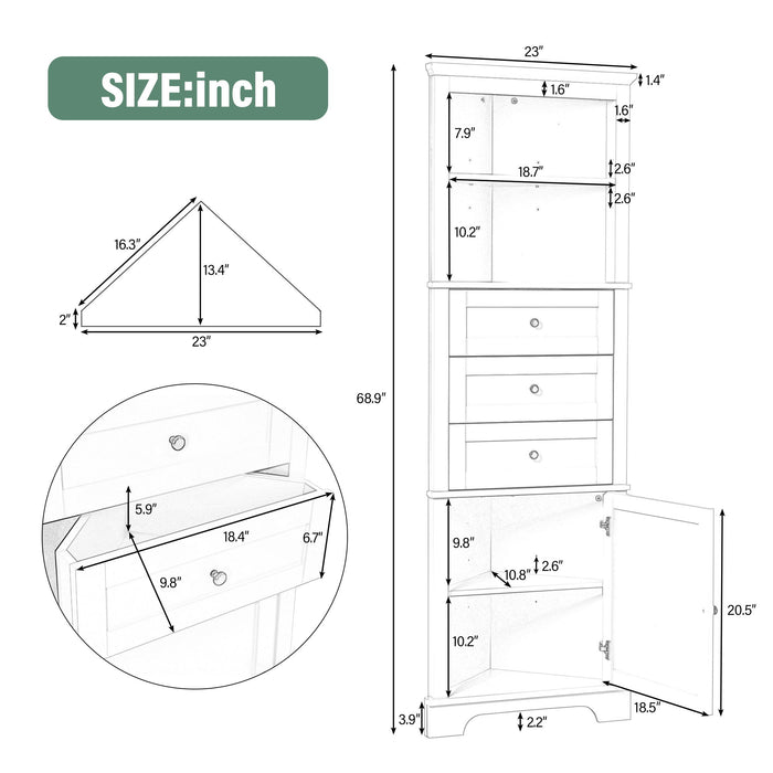 Tall Storage Cabinet With 3 Drawers And Adjustable Shelves For Bathroom