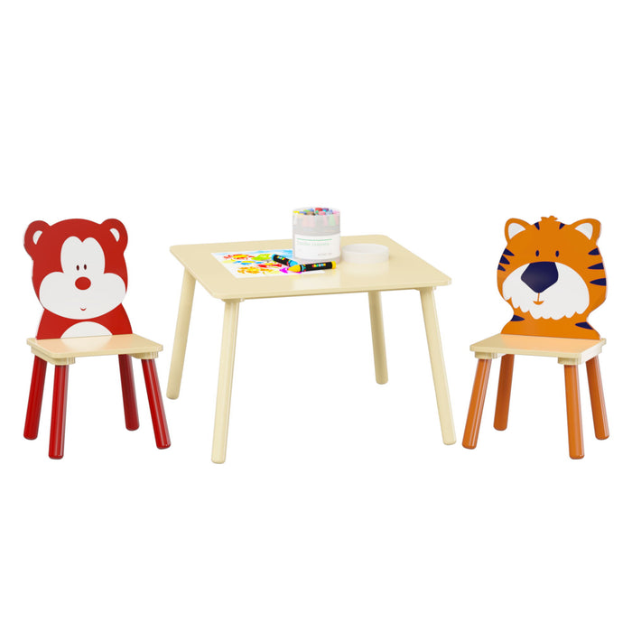 Table And 2 Chairs Set, Activity Play Table Set With Bear & Tiger Design - Natural