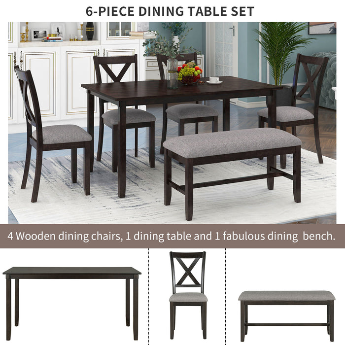 6 Piece Rectangular Dining Table Set With 4 Chairs And Bench