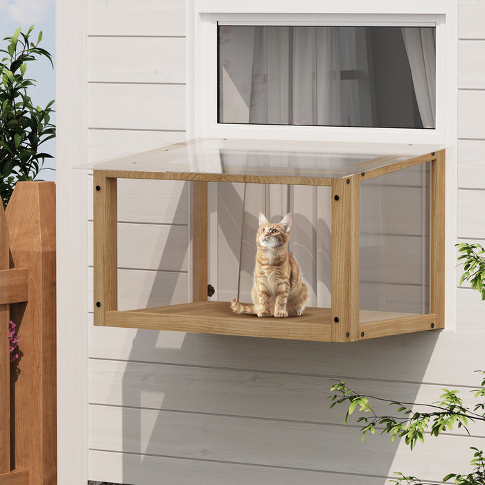 Transparent Acrylic Window Cat Perch Catio Cat Window Box - Natural Wood / Transparent