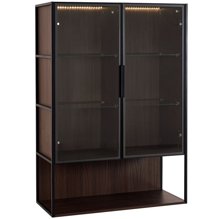 Modern Minimalist Tall Lighted Display Cabinet With Tempered Glass Door - Black / Dark Walnut