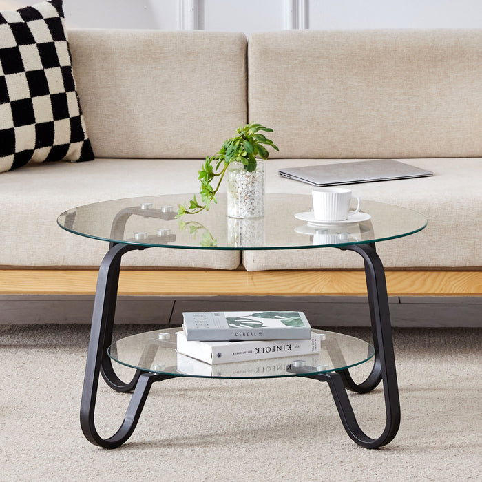 Retro Minimalist Style Metal Frame Double Layer Tempered Glass Coffee Table