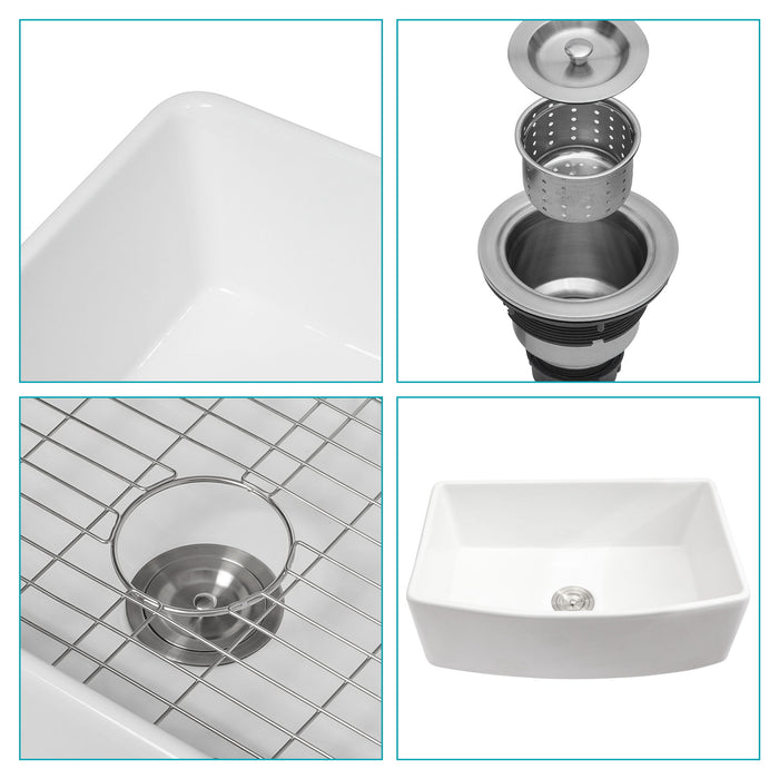 Ceramic Farmhouse Sink, Apron Front Single Bowl With Arch Edge